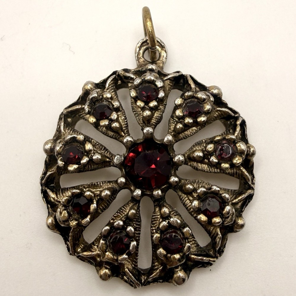 Vintage Red Glass Openwork Pendant Antiqued Gold Tone Gothic Boho Statement