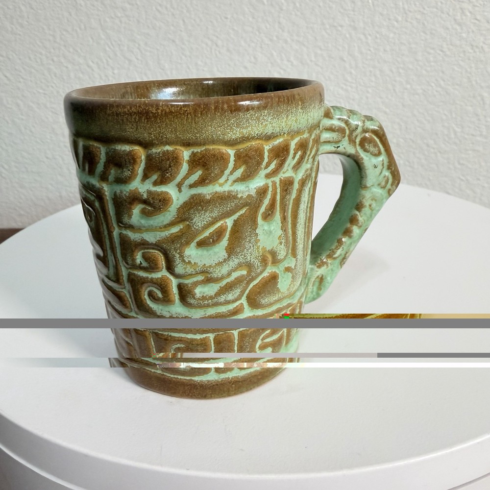 Vintage Frankoma Pottery Handled Cup / Mug Mayan Aztec Prairie Green 7CL
