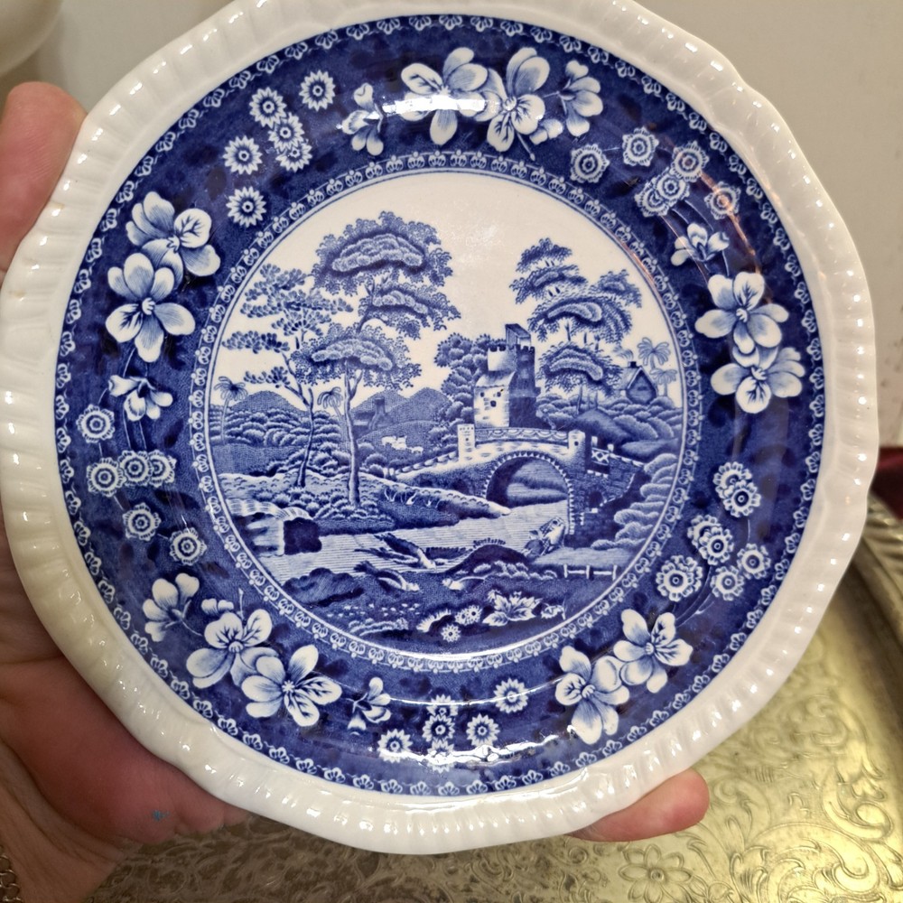 Spode's tower, Luncheon Plate, Blue Floral, Bridge/Castle Scene Copeland England