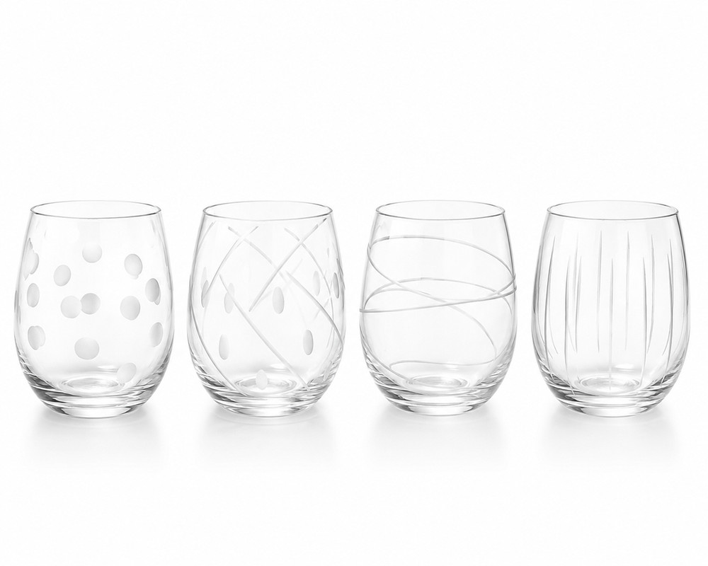 Set of 4 Frosted Stemless Wine Glasses – Mixed Modern Etched Designs
