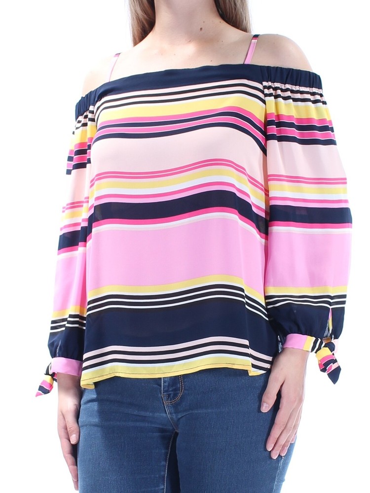 INC Women's Pink Striped Off-Shoulder Long Sleeve Cut-Out Top Size M