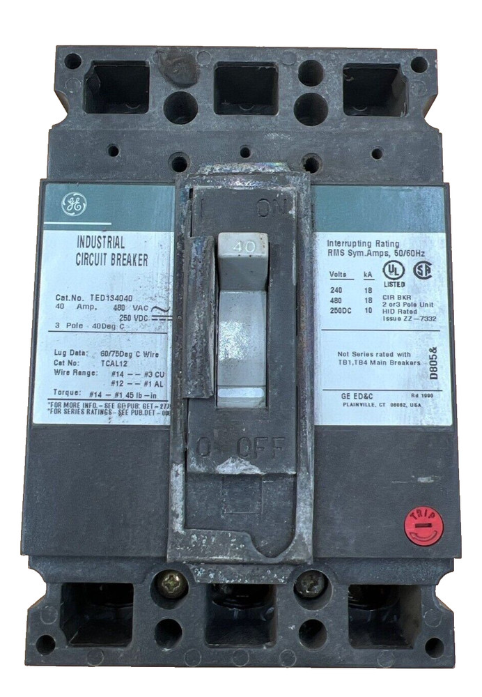 GE TED134040 Circuit Breaker 40A 3P 480V 3PH Lug to Lug Used