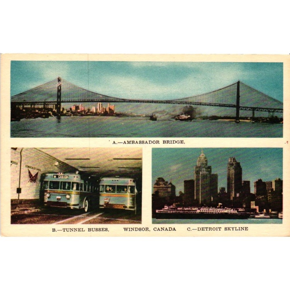 Vintage Ambassador Bridge Detroit Skyline Windsor Tunnel Busses Postcard Canada