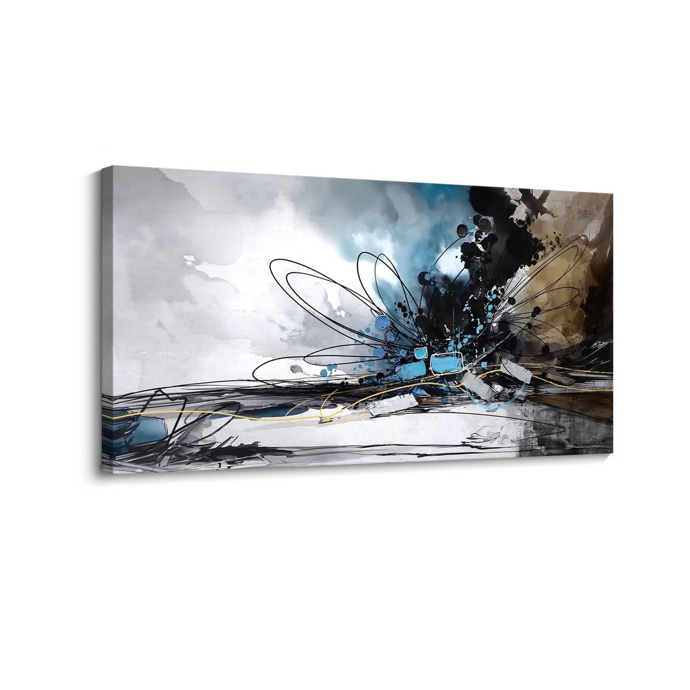 HKDGOKA Extra Large Abstract Wall Art,Black and White Smudge Blue Graffiti Li...-image