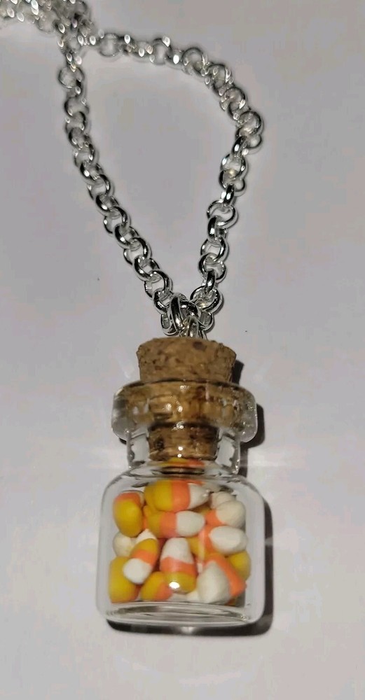 Candy Corn Bottle Necklace Silver Charm Fall Halloween Candy