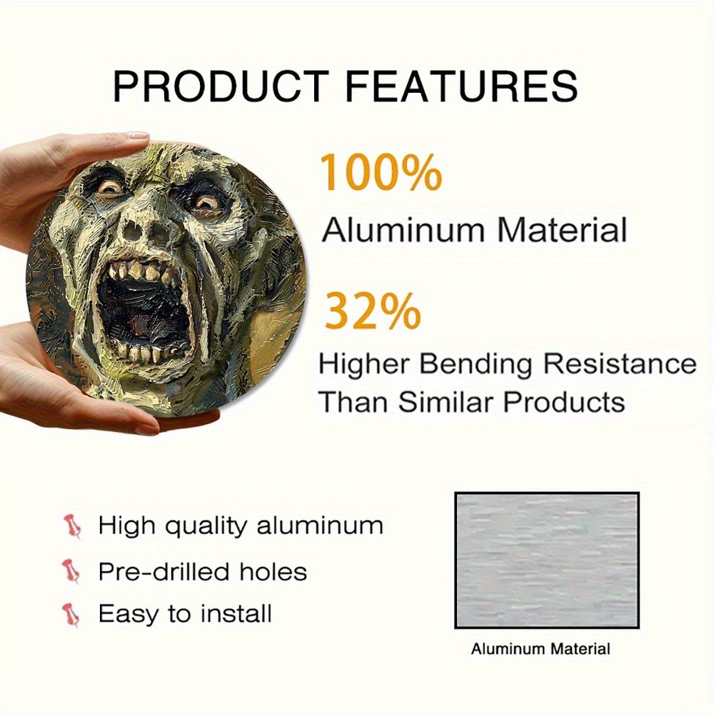 Scary Zombie Face Round Aluminum Metal Sign Halloween Decor