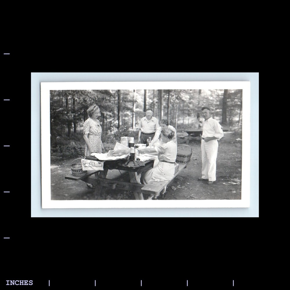 Old Vintage Photo MEN WOMEN AT PICNIC TABLE THERMOS 1943