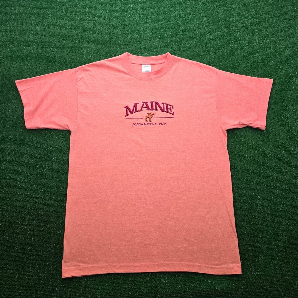 Maine Acadia National Park Tshirt Mens Large Light Orange Moose Embroidered-image