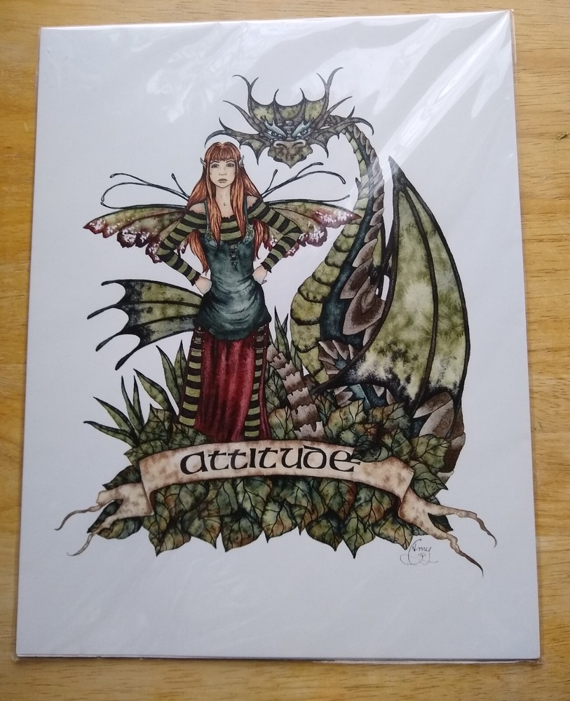 Attitude Fairy & Dragon by Amy Brown Art Print,    RARE and out of Print