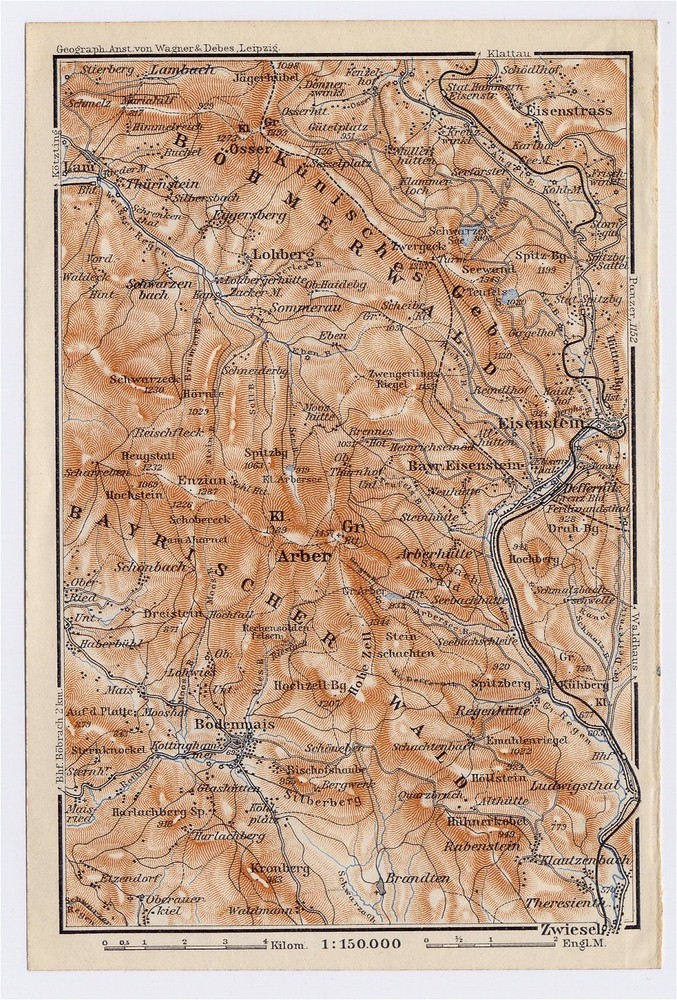 1910 Antique Map Of Bohemian / Bavarian Forest / Bavaria Germany