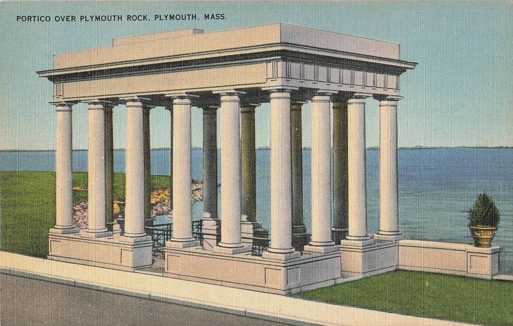 1940s Portico Over Plymouth Rock Massachusetts Smith News Store Linen Postcard