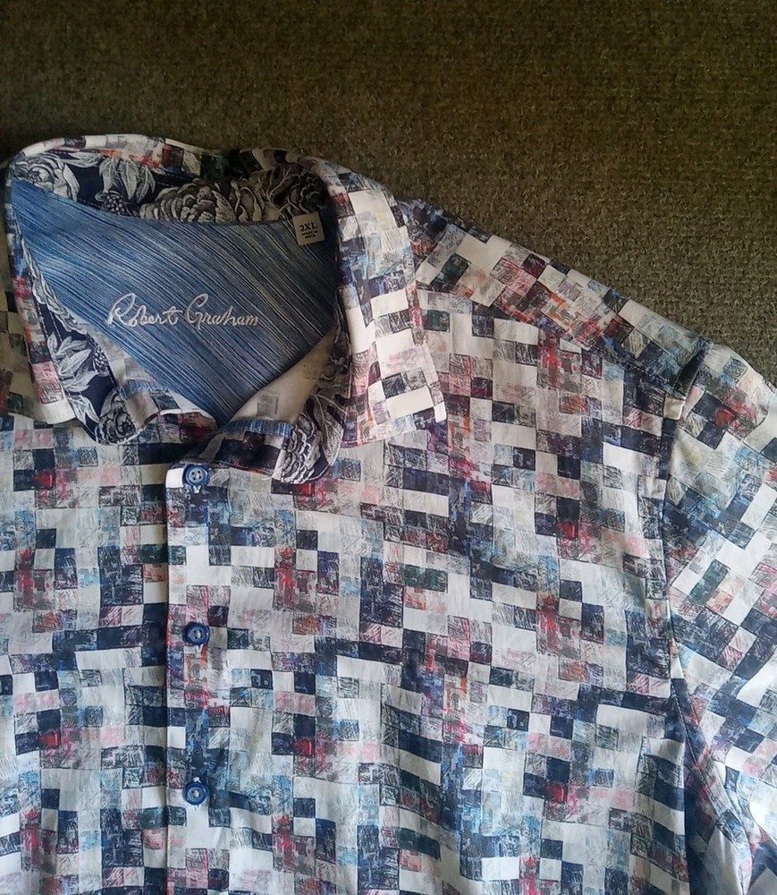 Robert Graham Shirt Men's 2XL Short Sleeve Button Up Geometric Abstract Stretch