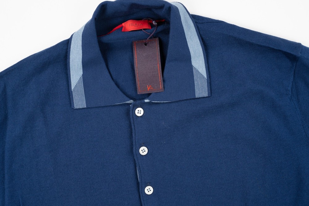 ISAIA Blue Polo Shirt Lightweight Jersey Cotton Silk Short Sleeve Slim Fit 2XL