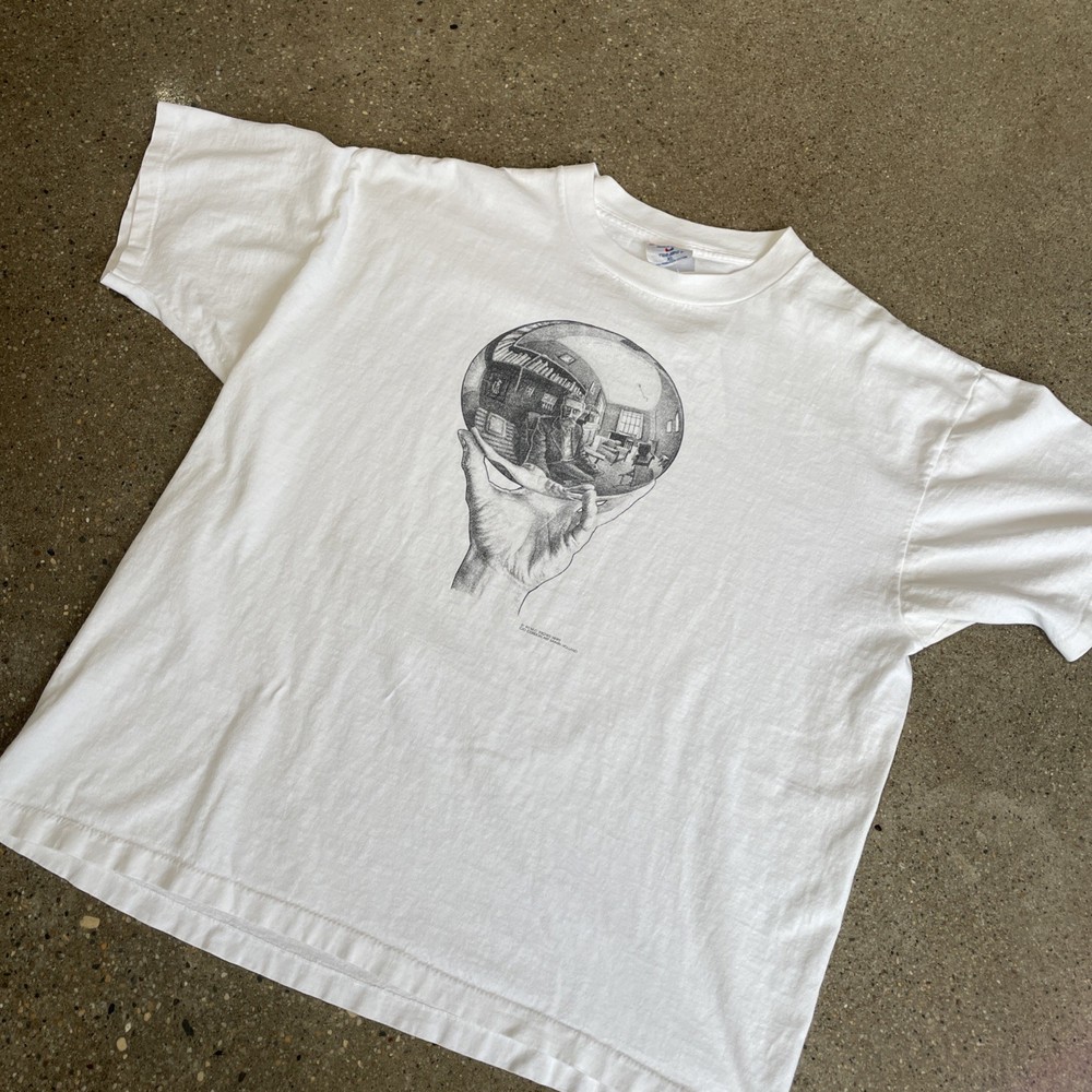 Vintage Mc Escher T Shirt Mens XL White Hand Reflecting Sphere Art Rare 90s