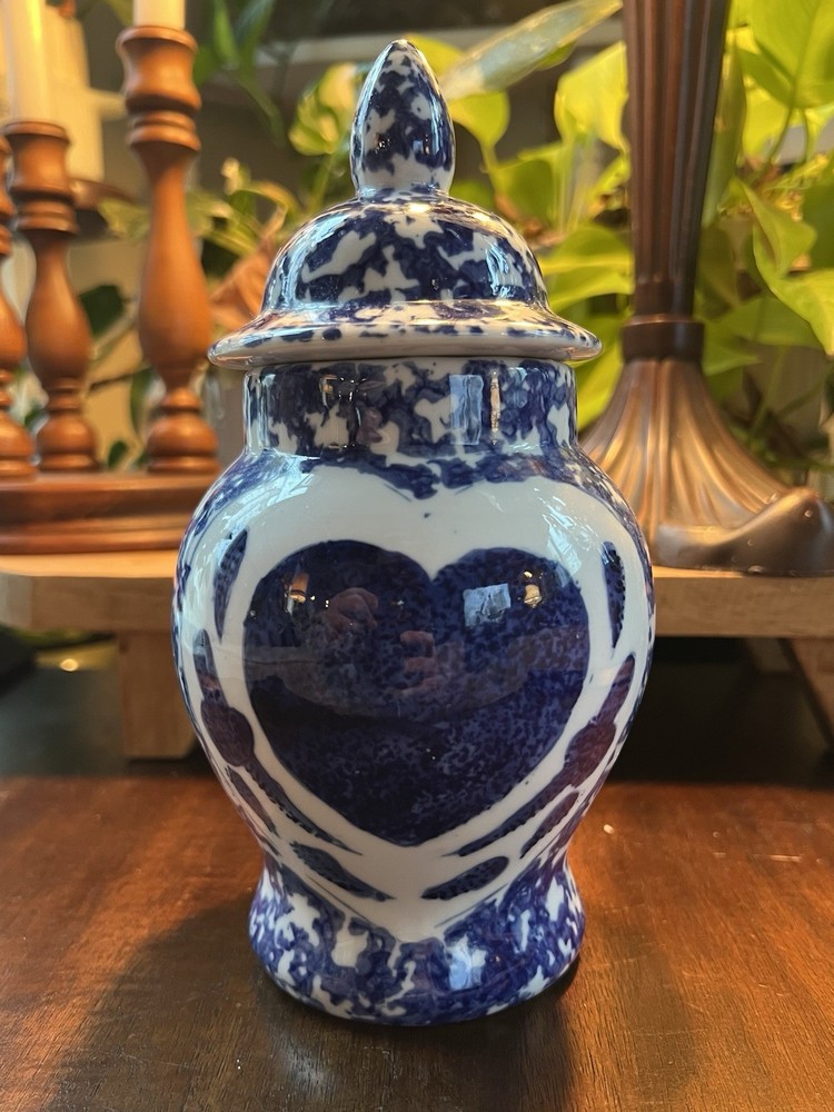 Vintage-Style Blue and White Ceramic Apothecary Jar with Heart Motif