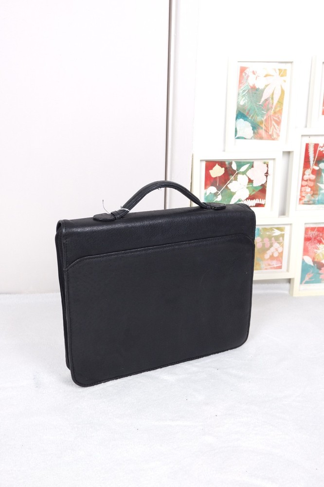 Briefcase Business Bag Black Grained real genuine Leather tablet organizer zippe