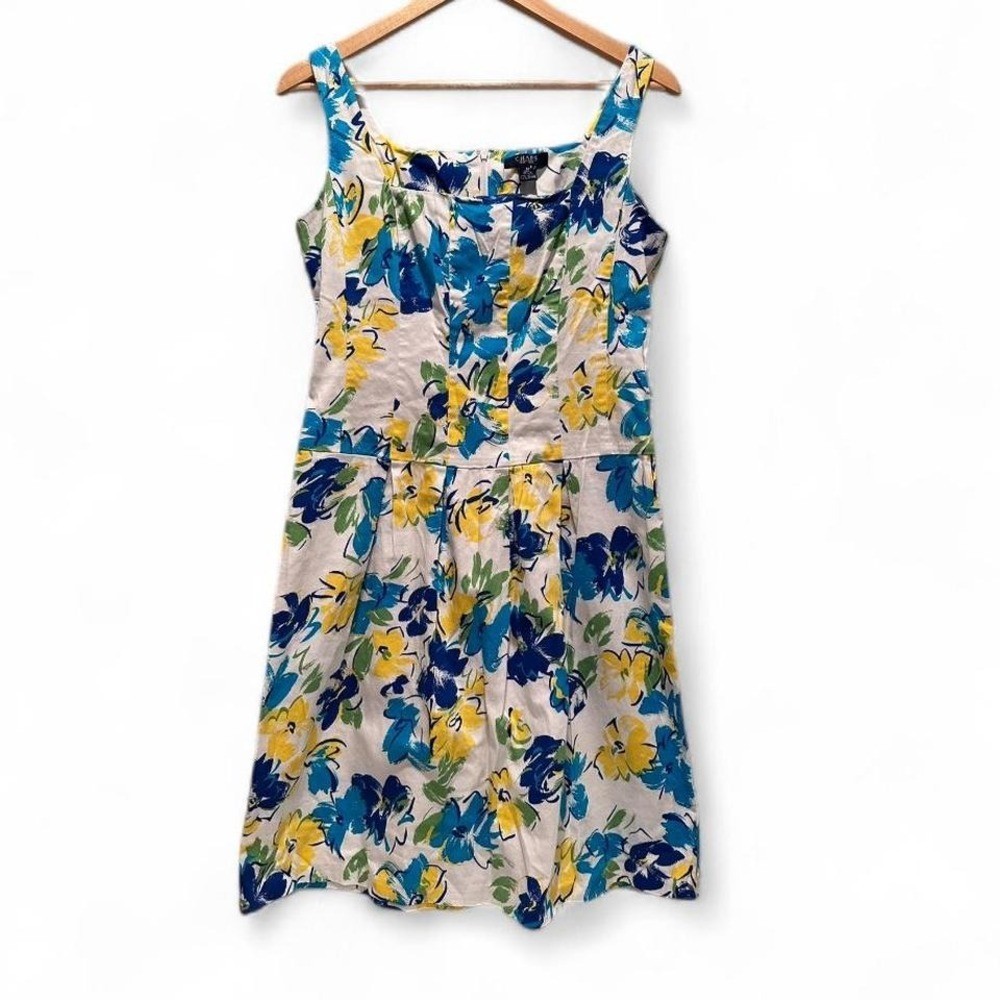 Chaps White Blue Yellow Floral Cotton Sleeveless Dress 12 Preppy Cottagecore