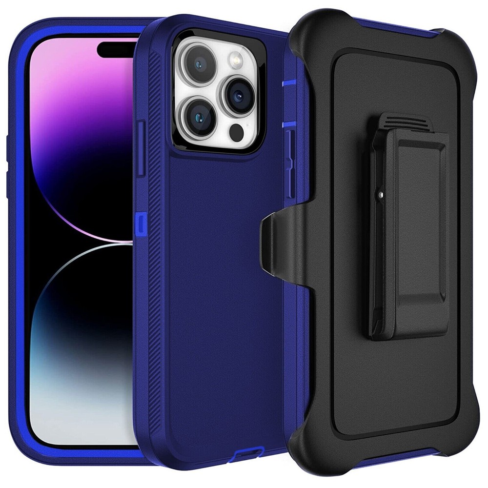 Blue Rugged Defender Case for iPhone 17 /16/15/14/ with Belt clip Fits Otter Box