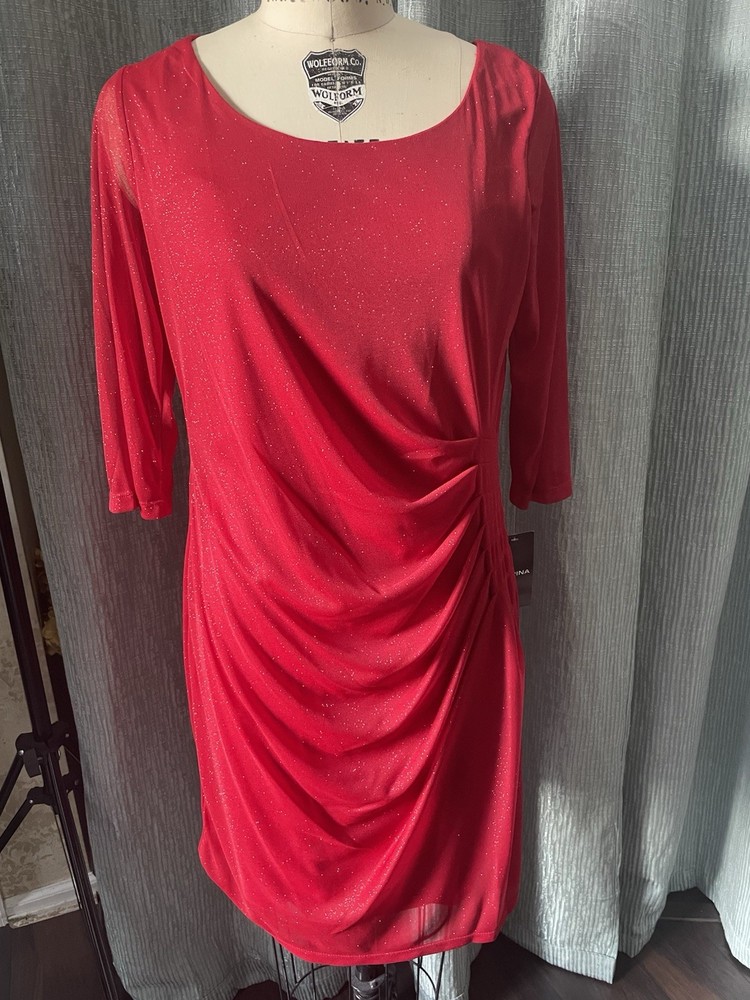 Karina Women's Size 14 Knee Length Red Sparkle Dress W/ Sheer 3/4 Sleeves