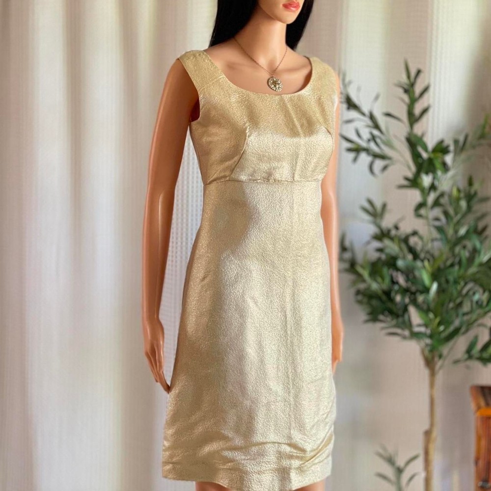 Vintage 60s Gold Lurex Sheath Dress Metallic Brocade Cocktail Dress Size 11