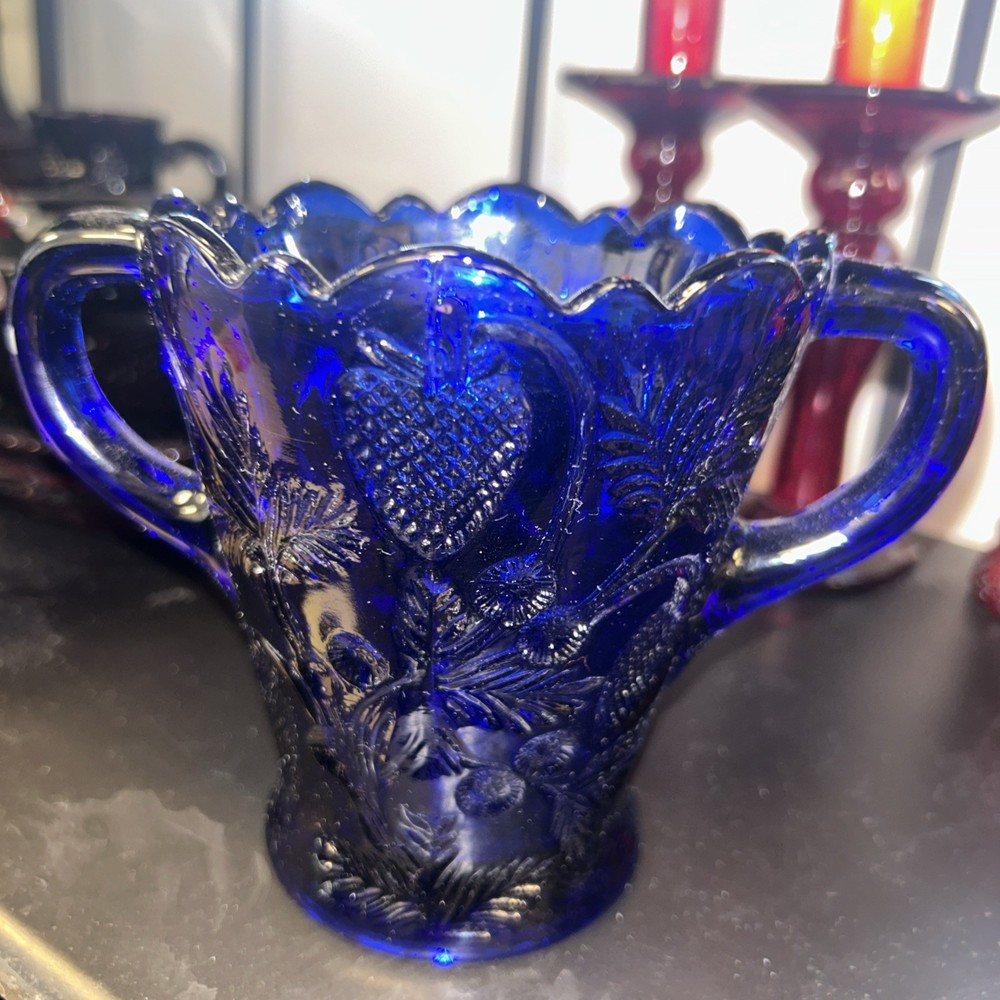 Vintage Moser Cobalt Blue Glass 2 Handle Vase w/ Strawberry Design Cottage Farm