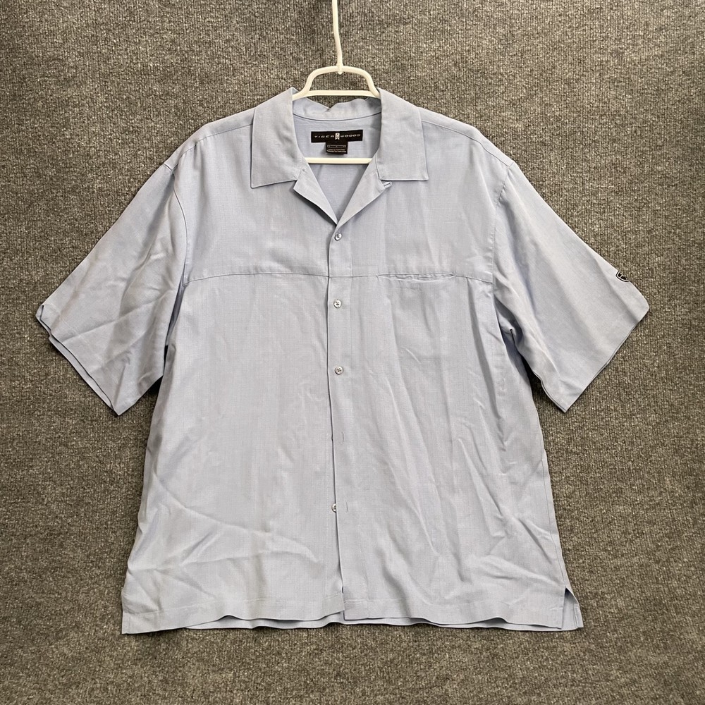 Tiger Woods Nike Golf Shirt Mens Sz L Short Sleeve Button Up Performance Blue