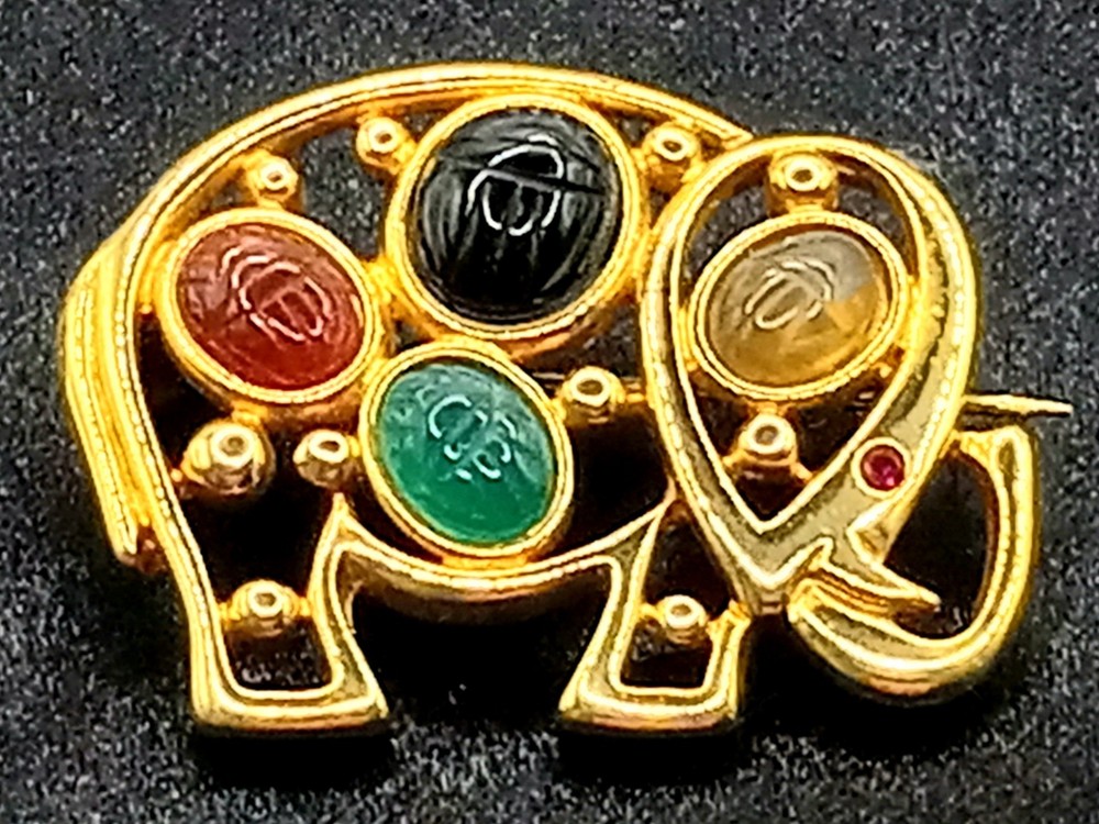 Vintage Weingeroff Goldtone Scarab Elephant Brooch Egyptian Revival 1975-1983