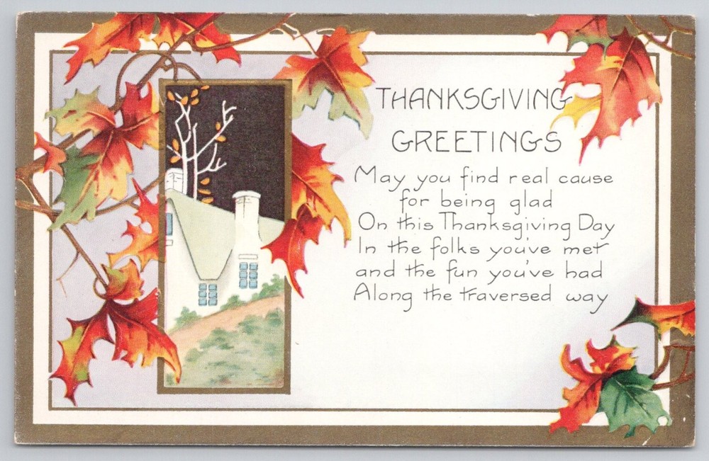 Whitney Made Thanksgiving Greetings Postcard Autumn Leaves House Poem
