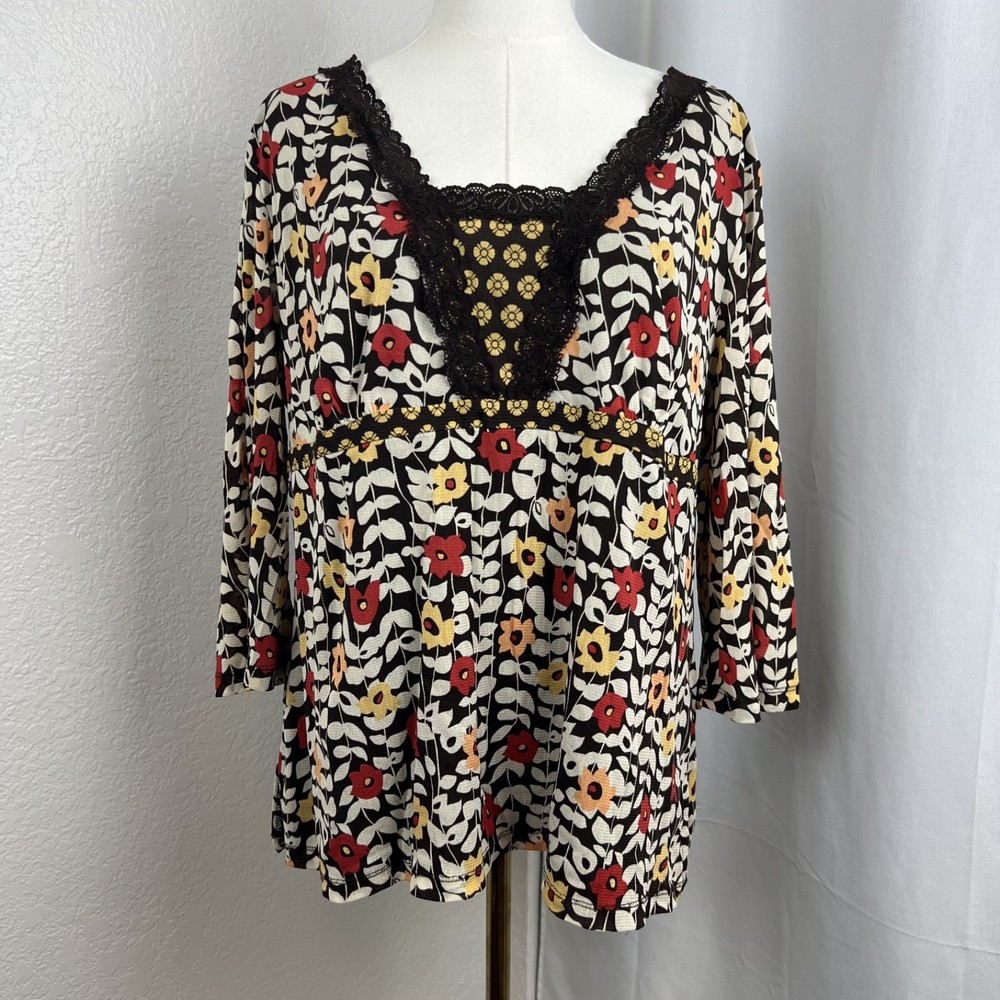 VTG Babydoll Hippie Top Womens 1X Floral Mesh Lace Trim Retro Boho Festival