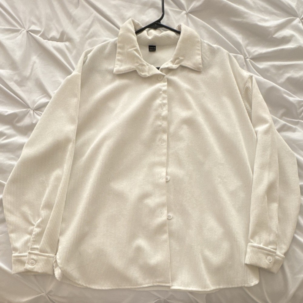 SHEIN White Corduroy Button-Up Shirt Collared Long Sleeve Women's Size L
