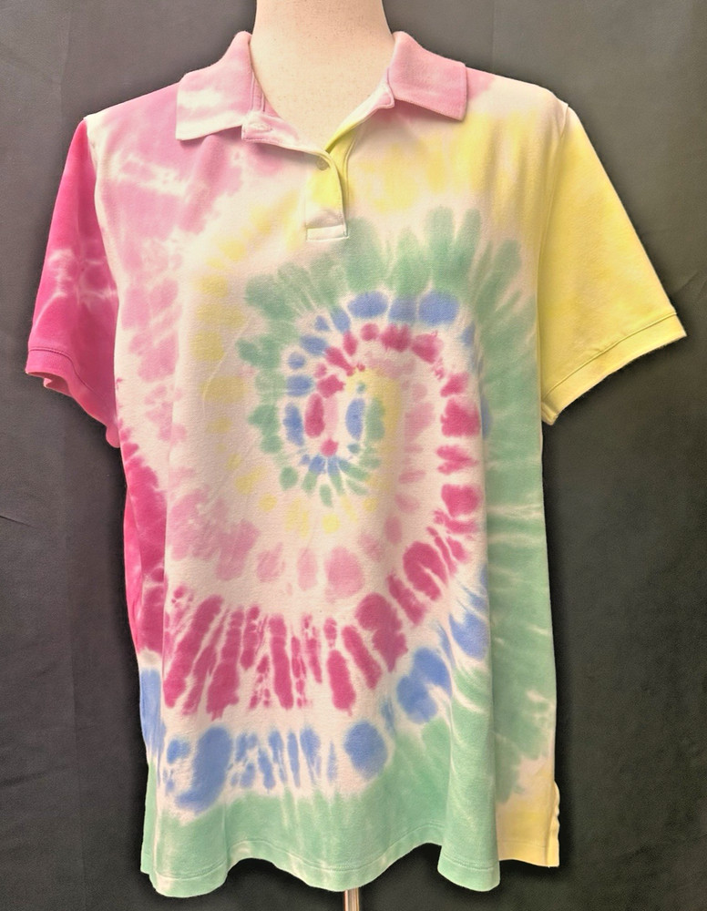 Women's Size XL Lands' End Rainbow Tie Dye Polo Shirt Short Sleeve Golf Preppy