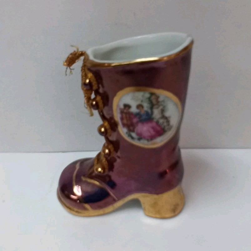 Decorative Ceramic & Porcelain Boot Figurine Purple Gold White Victorian Scene