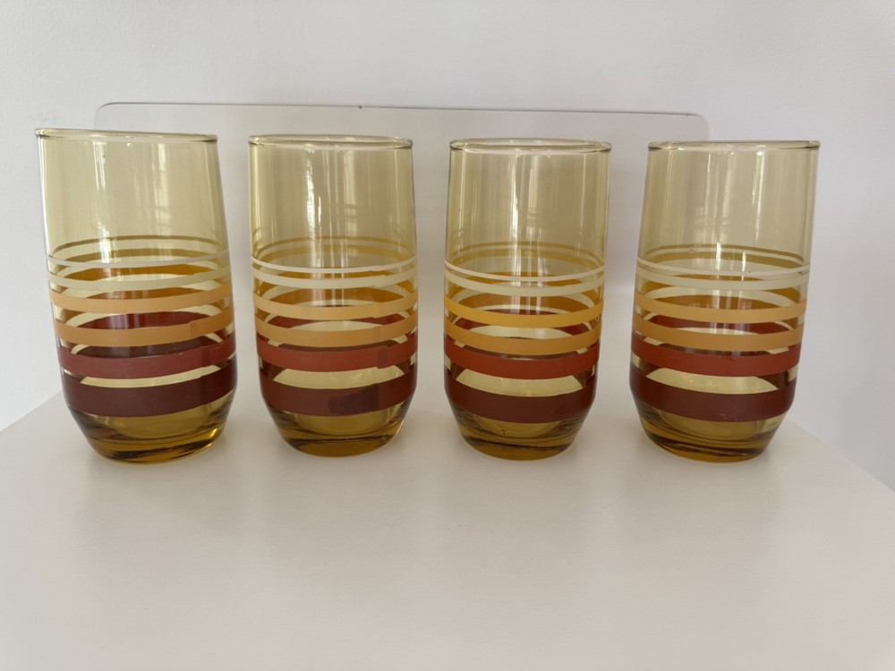 Vintage Amber Striped Highball Glasses Set of 4 10oz Mid Century Retro Barware