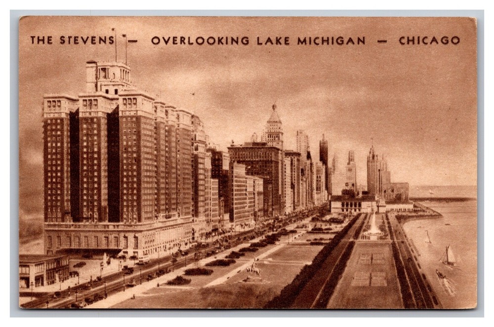 Chicago IL The Stevens Hotel Overlooking Lake Michigan Postcard Post 1942