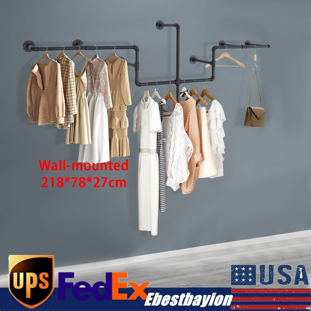 Industrial Pipe Wall Mount Garment Rack - Clothes Hanging Display Stand
