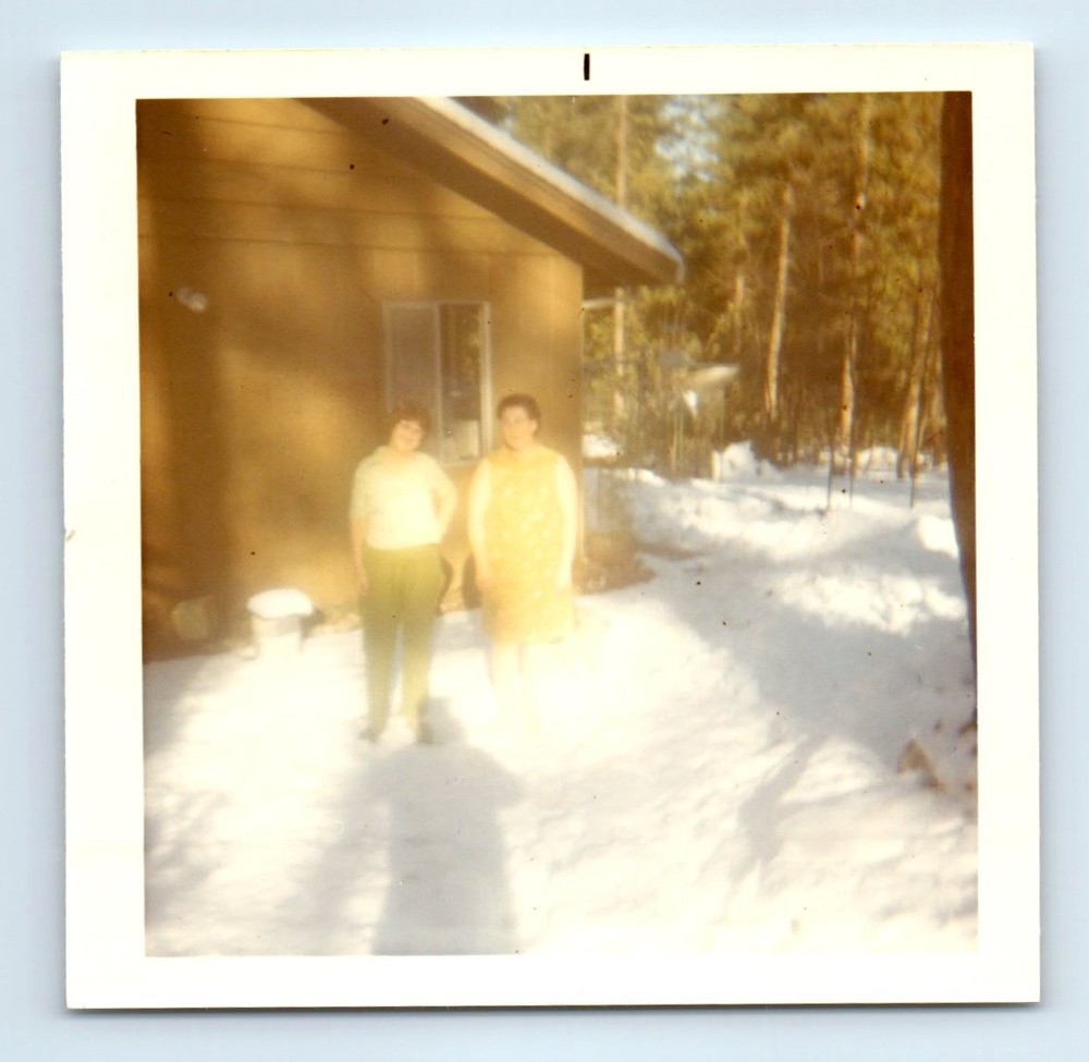 Old Vintage Square Color Photo MAN WOMAN OUTSIDE CABIN HOUSE SNOW WINTER