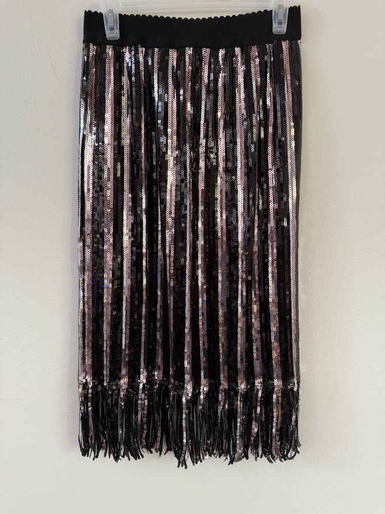 Gray Collective Women’s Stripes Black Rose Silver Sequin Midi Lined Skirt Sz M