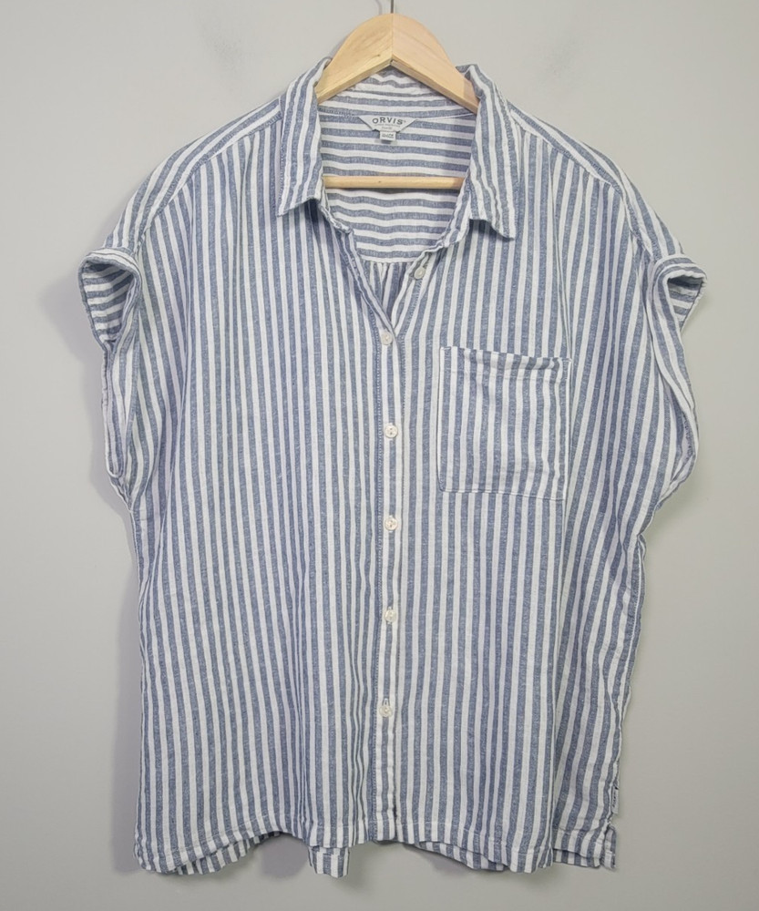 Orvis Womens XL Linen Blend Striped Short Sleeve Boxy Top Blue