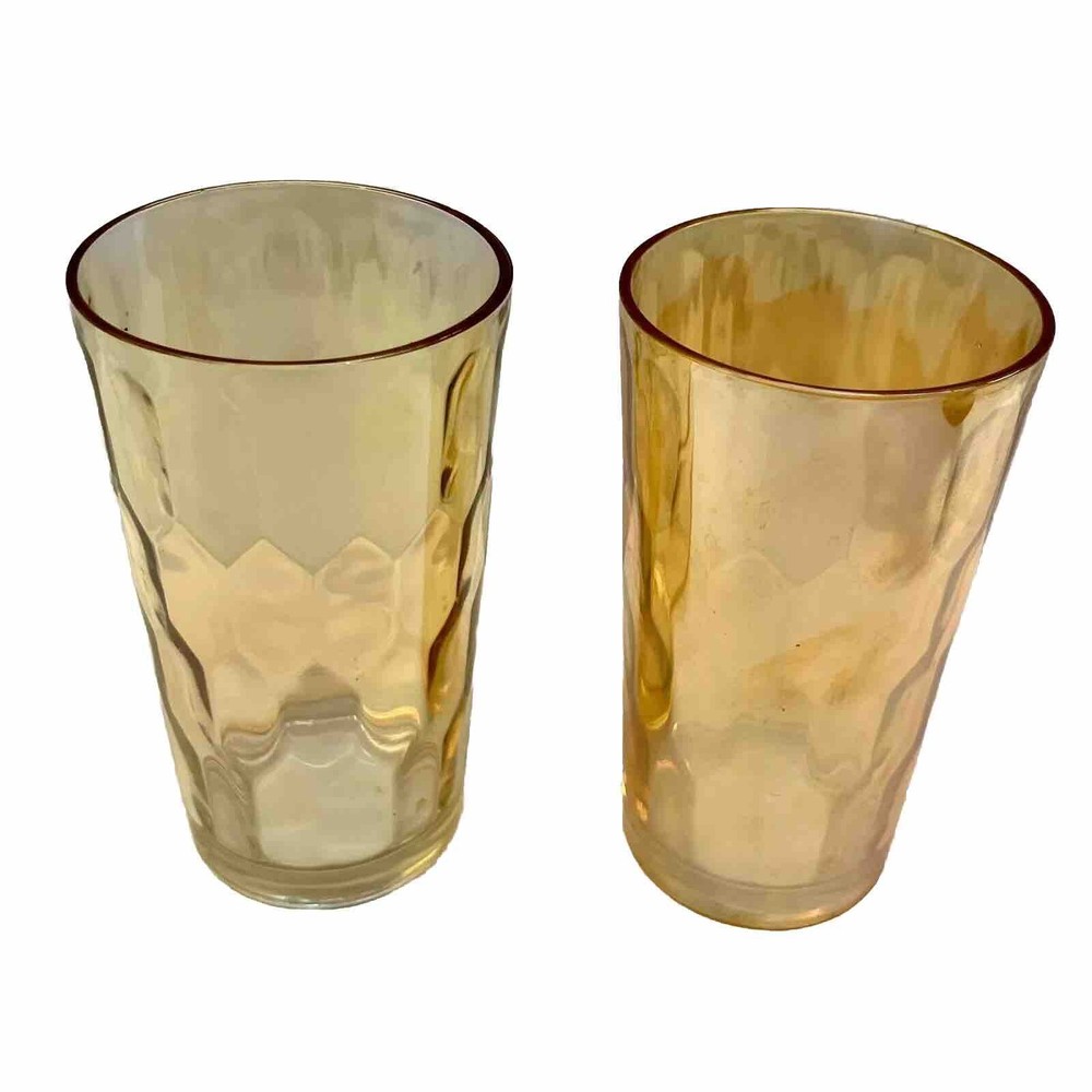 Jeannette Carnival Glass Hex Optic Marigold Iridescent 8oz Juice Cups Set of 2