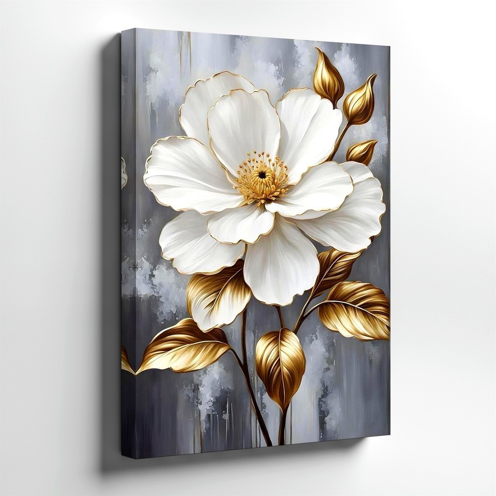 Wall Art White Gold Floral Canvas Print Abstract Flower Painting Home Decor