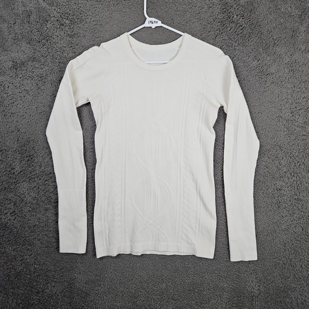 Lululemon Rest Less Pullover White Jacquard Ribbed Long Sleeve Shirt Womens