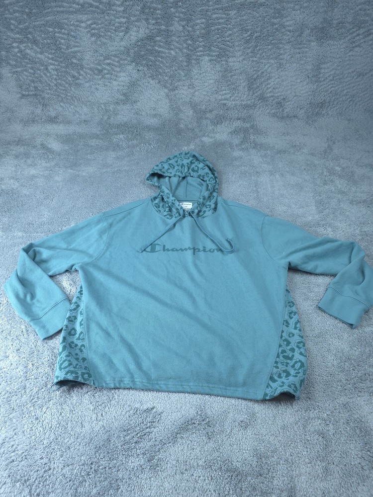 Champion Hoodie Womens Large Leopard Print Pullover Drawstring Sweatshirt