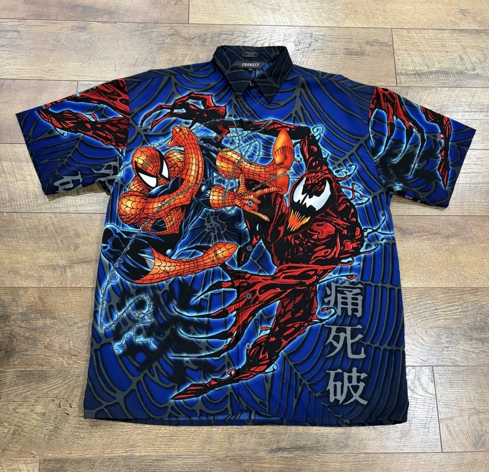 Vintage Marvel Spiderman Venom AOP Graphic Button Up Shirt Blue Large 2001 Y2k