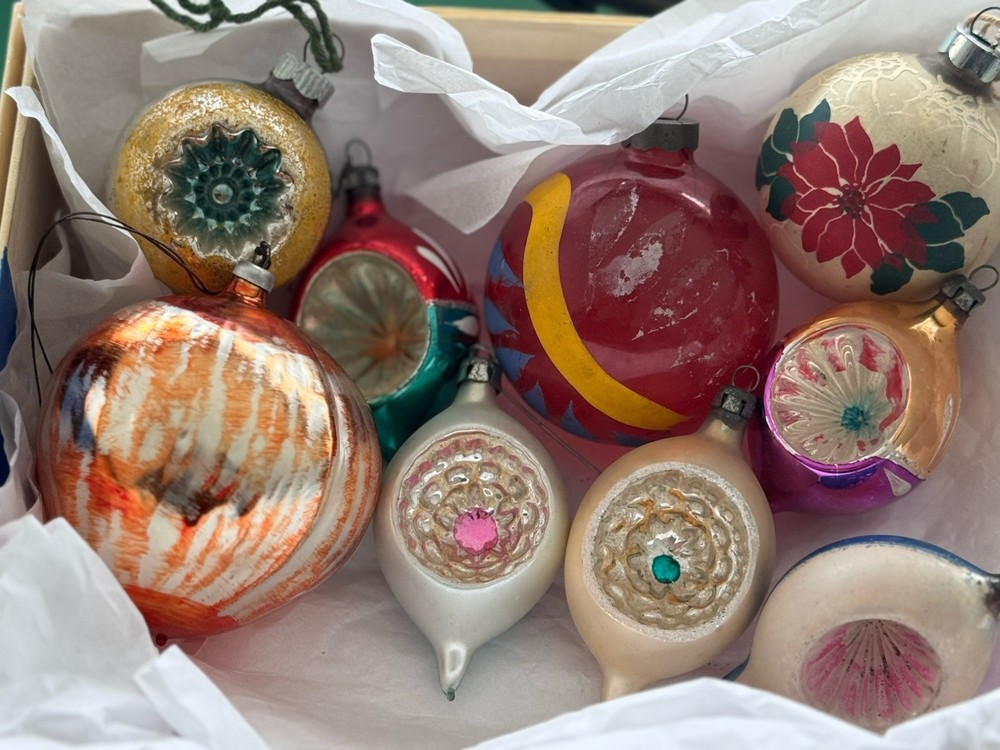 9 Vintage Shiny Brite Mercury Glass Ornaments Indent Lot
