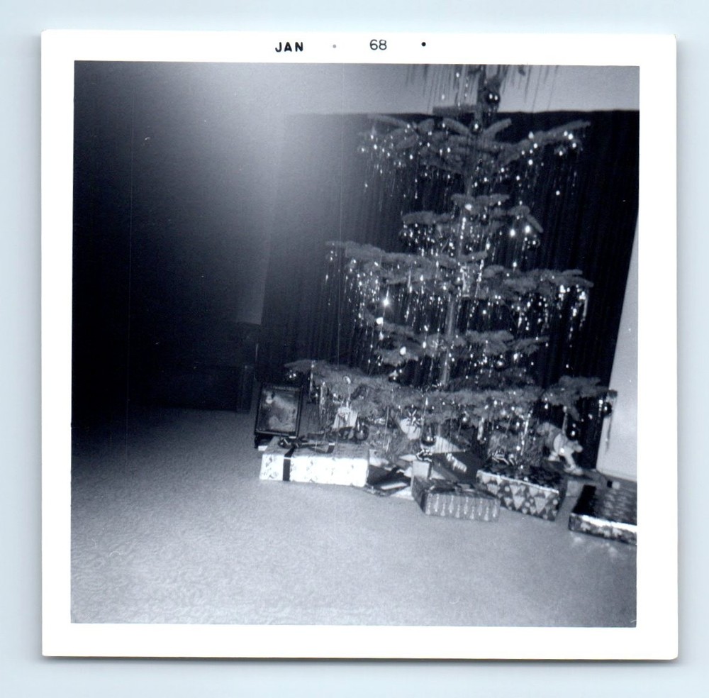 Old Vintage Square Photo ABSTRACT FINGER IN FRAME CHRISTMAS TREE PRESENTS