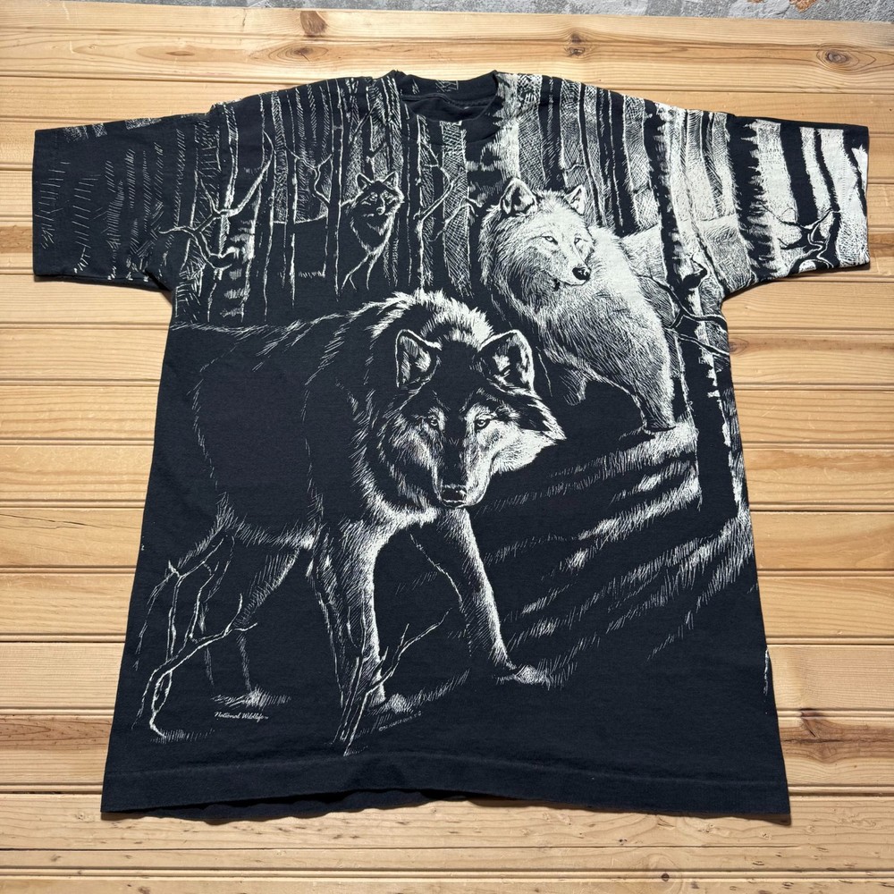 Vintage 90s 1992 Wolves Wildlife All Over Print Double Sided T-Shirt - Size XL