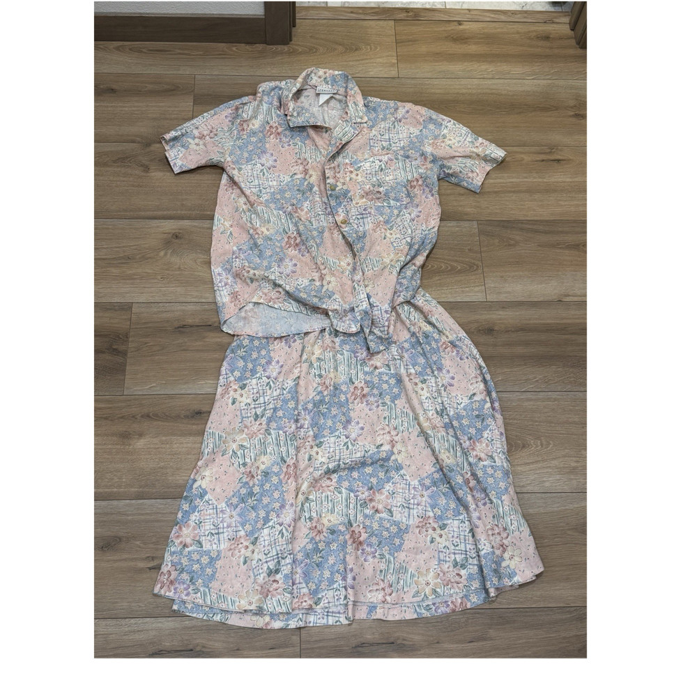 Jantzen Classics Vintage 90s Floral 2pc Blouse & Elastic Waist Skirt L