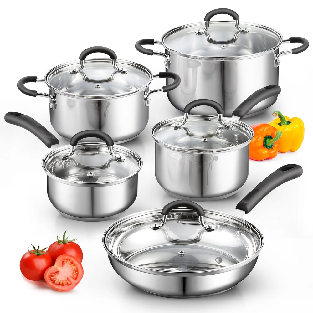 10-Piece Stainless Steel Cookware Set with Pots and Pans for Kitchen Cooking
