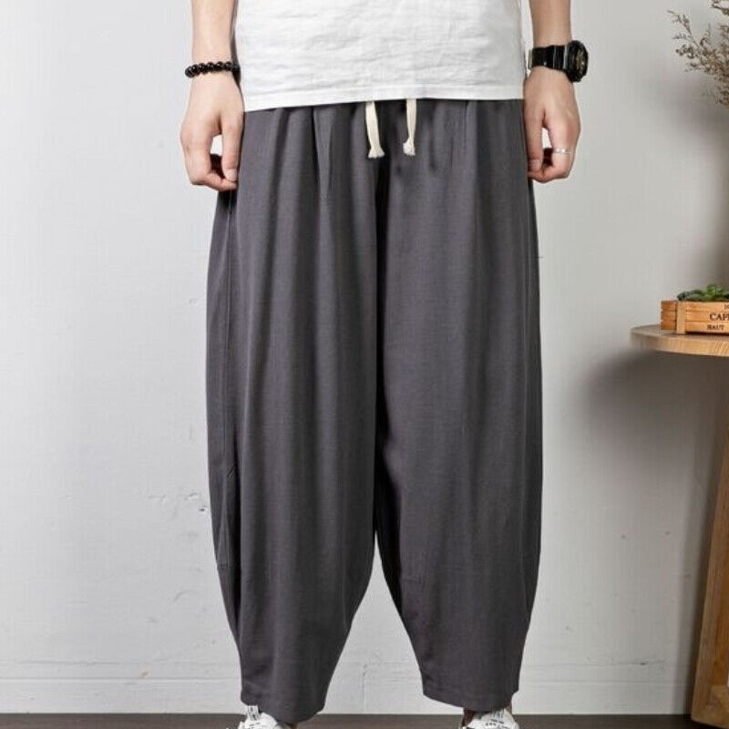 Men Casual Loose Chinese Kung Fu Trousers Harem Bottoms Cotton Linen 9Point Pant
