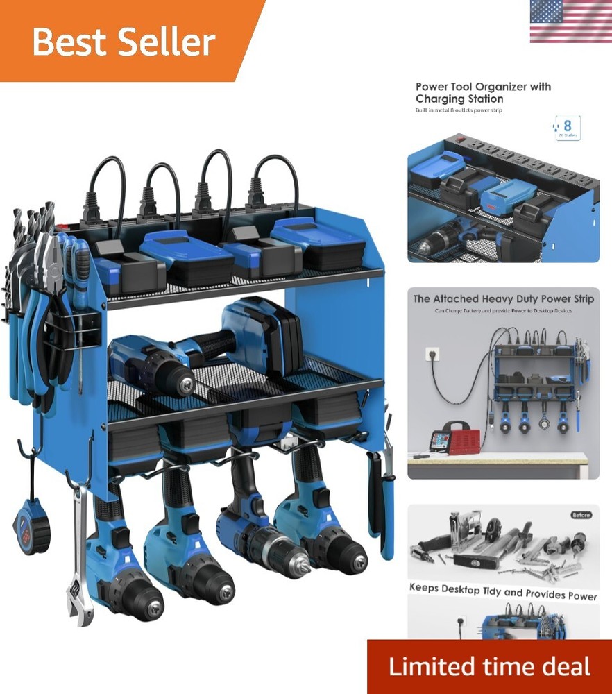 Metal Wall-Mounted Power Tool Organizer with Charging Station for Garage Storage